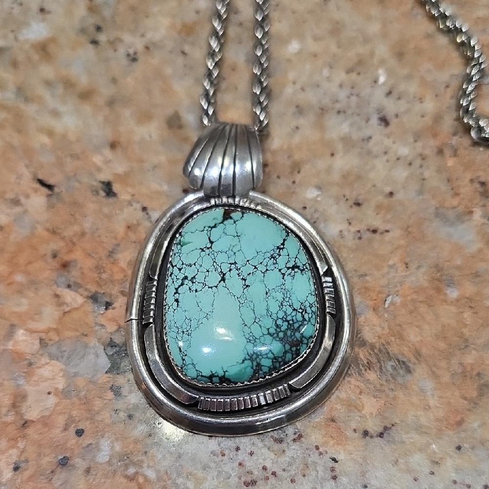 Genuine Turquoise Stone in Sterling Silver Pendant Necklace